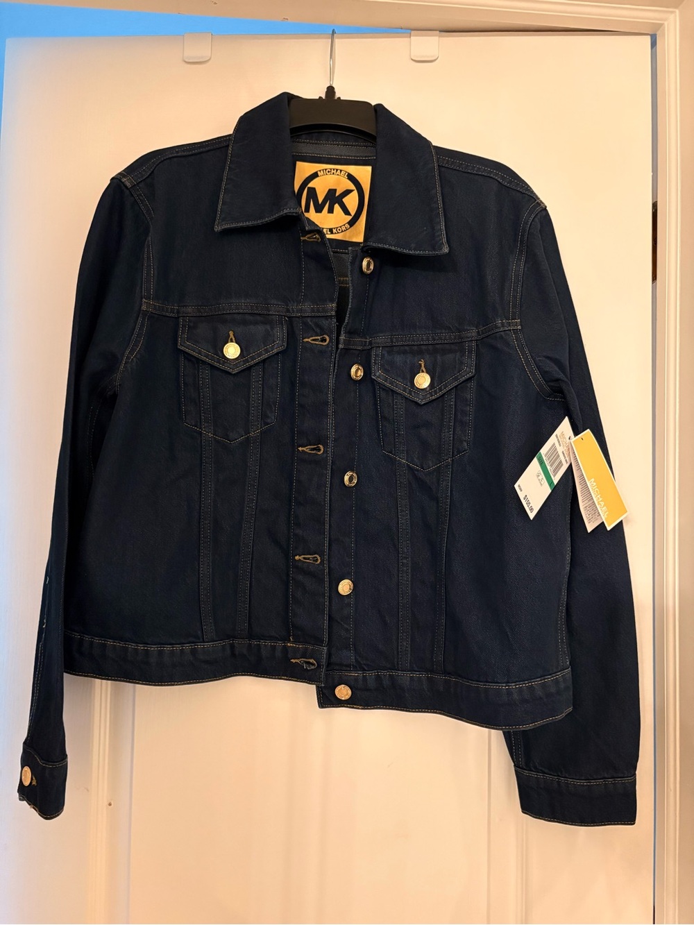Michael Kors Navy Blue Denim Jean Jacket with Gold-Tone Buttons